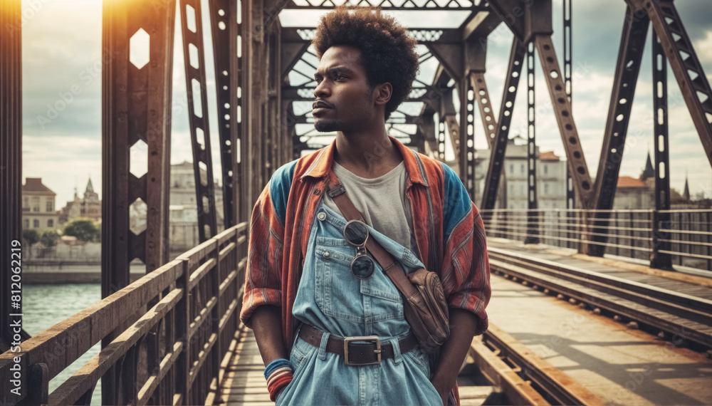 90s, image of a man standing on a bridge overlooking the city, wearing stylish denim and a striped shirt 90s, image of a man standing on a bridge overlooking the city, wearing stylish denim and a striped shirt