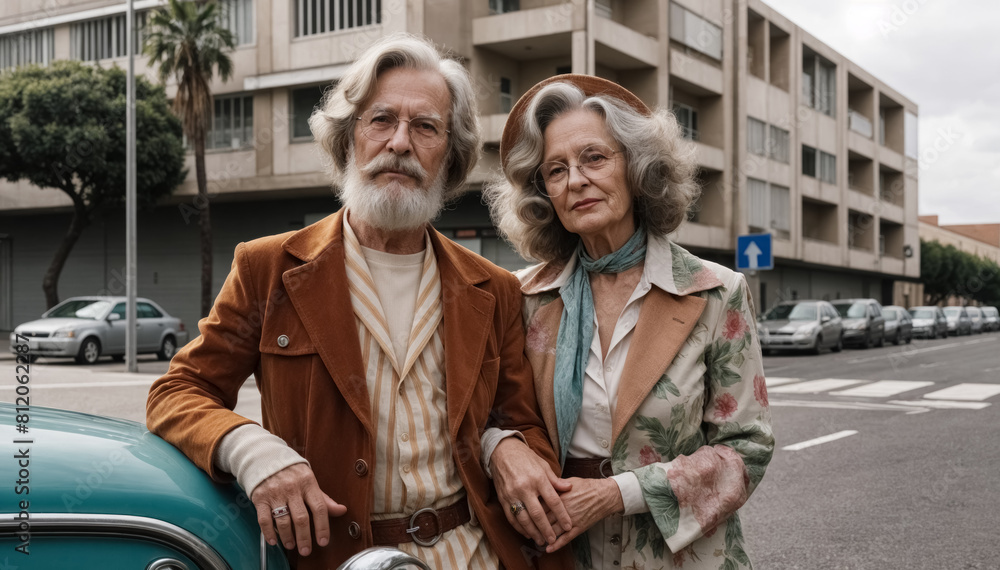 An elderly couple in stylish retro clothes, next to a classic car against the backdrop of the city, he is wearing a brown jacket and a striped shirt, and she is wearing a colorful jacket and scarf An elderly couple in stylish retro clothes, next to a classic car against the backdrop of the city, he is wearing a brown jacket and a striped shirt, and she is wearing a colorful jacket and scarf