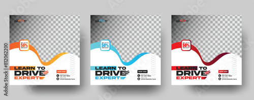 Set of Car Learns To Drive editable square Instagram banner template. or Car Driving  promotional Instagram post design