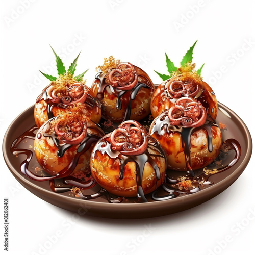 photo realistic takoyaki menu is fried round dumpling dough with a piece of octopus or other filling inside photo