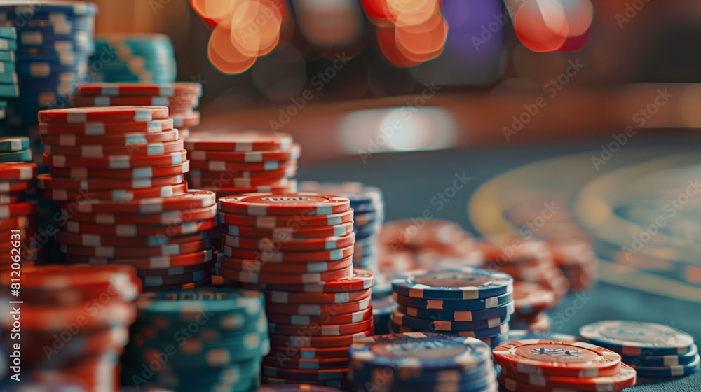 Bright poker chips on a poker table Bright poker chips on a poker table