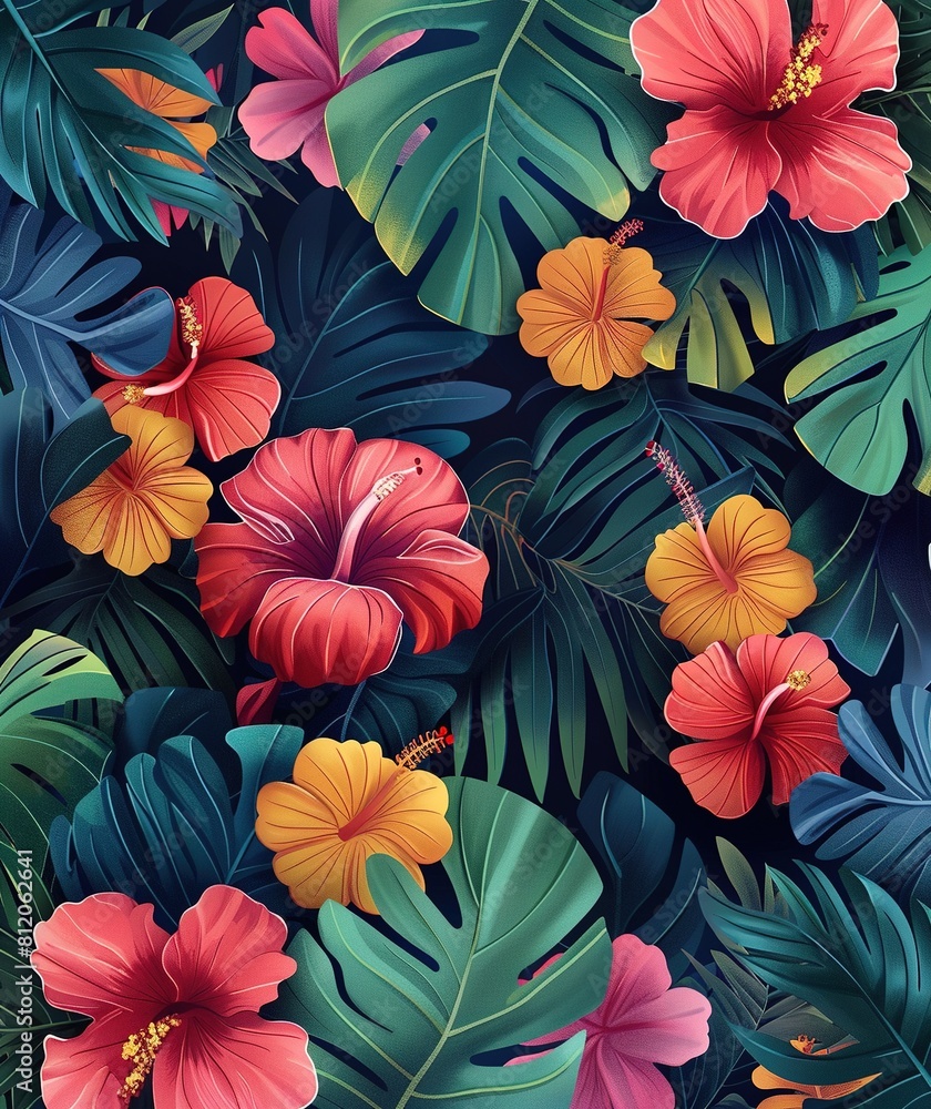 Vibrant illustration of tropical flowers with pink hibiscus blossoms, lush green leaves, and bright orange foliage. Vibrant illustration of tropical flowers with pink hibiscus blossoms, lush green leaves, and bright orange foliage.
