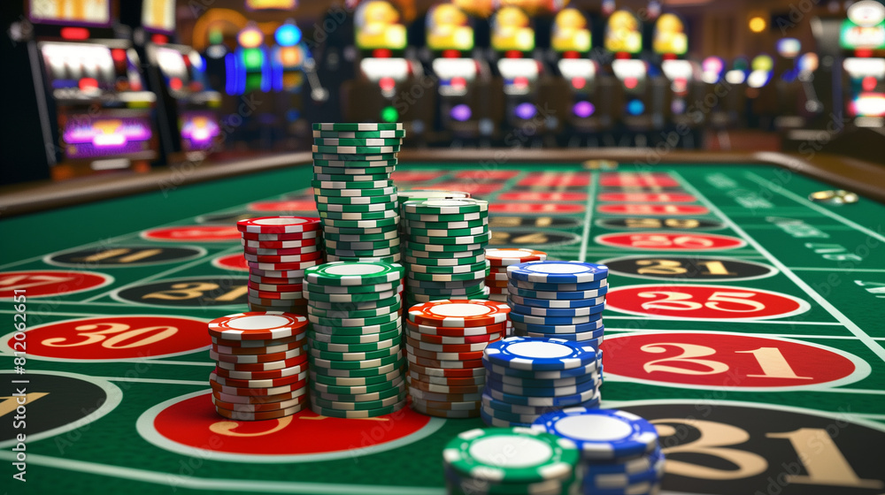 Bright poker chips on a poker table Bright poker chips on a poker table