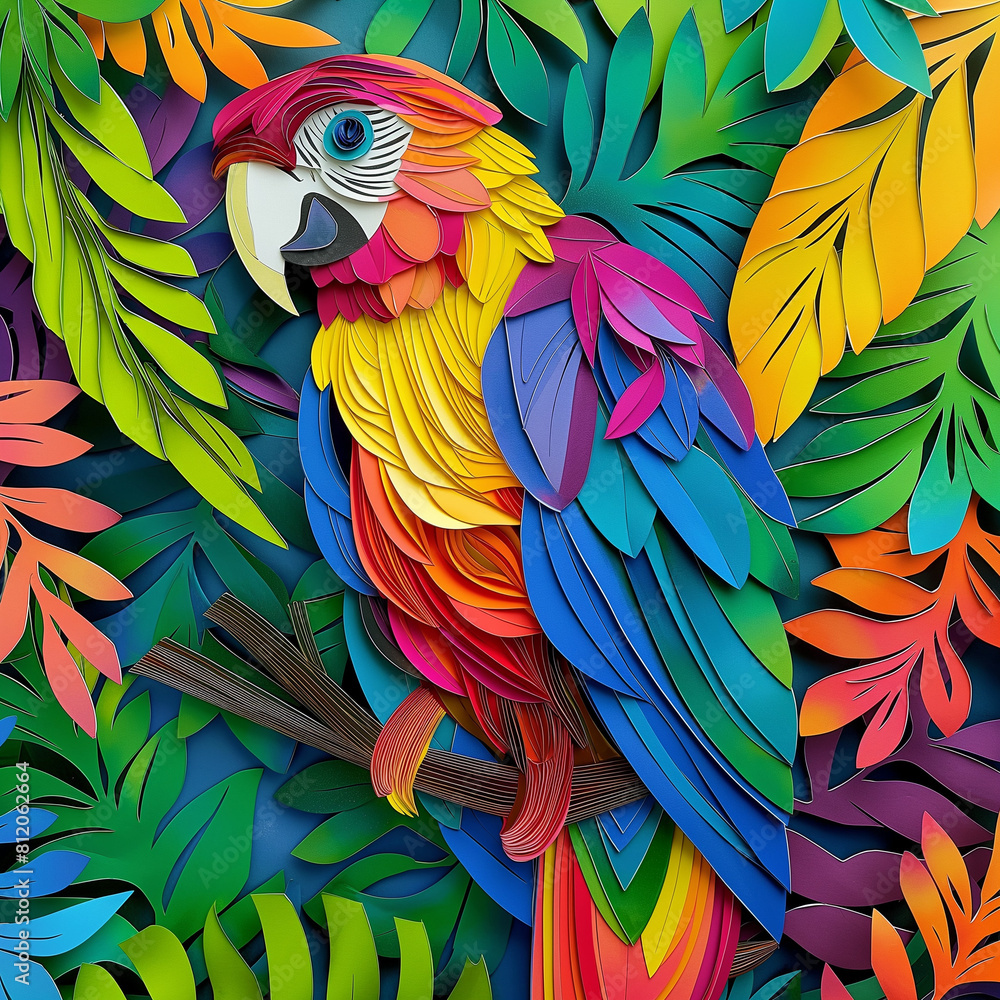 Fototapeta premium Vibrant Parrot: Kirigami Serenade