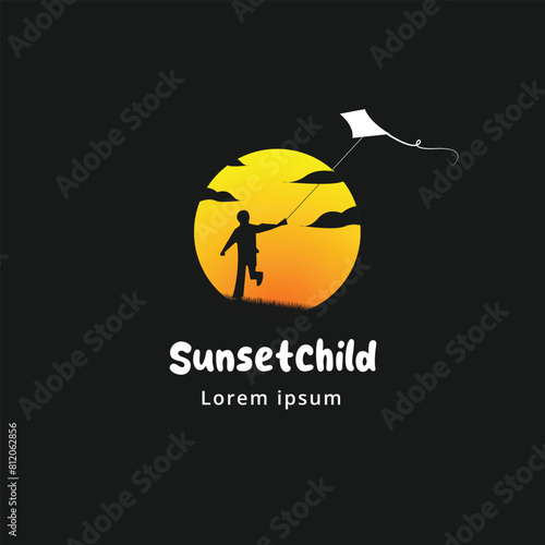 child playing kite at sunset vector logo design © Nur