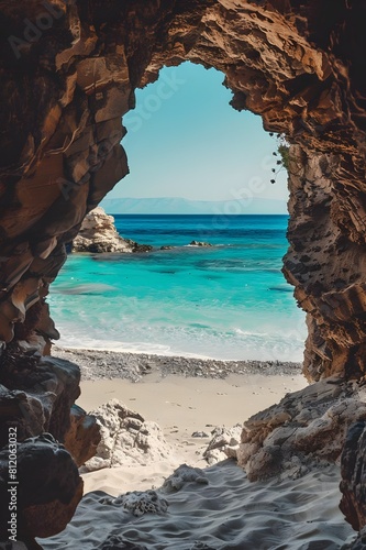 The summer beach from the inside of a large rock cave, summer holiday 