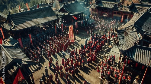 A large group of ancient chinese warriors are marching in formation in a town square.