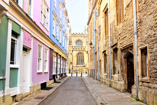 Colorful pastel buildings on a street in the University district of Oxford  England
