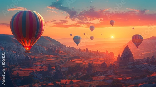 Flying hot air balloons and rocky landscape during sunrise. photo