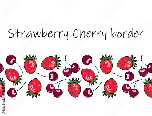 Seamless border with cherries and strawberries, lineart.
