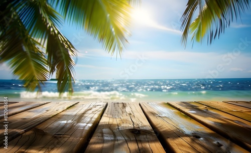 Empty wooden table with palm in the beach on background, summer product backdrop, summer sale, summer vacation holiday background 