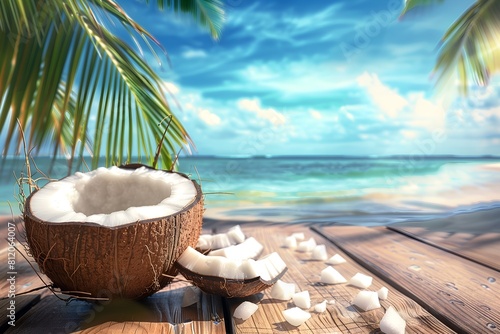 A bowl of coconut on a wooden table by the ocean photo