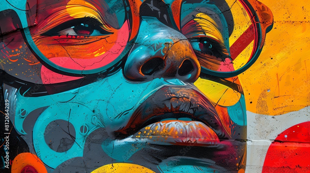 Capture a close-up shot of diverse situations depicted in vibrant street art Play with contrasting colors to evoke emotions like joy and mystery Infuse urban energy into the compos