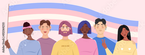 Happy people holding transgender pride flag. Horizontal social media cover banner in support of LGBTQ. Flat style vector illustration.
