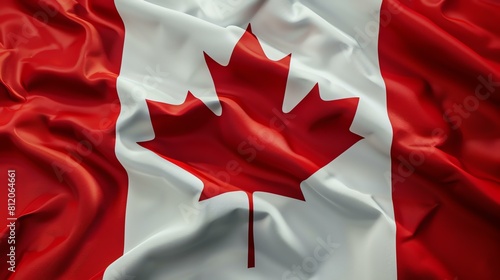 A flag of Canada blowing in the wind. The flag is red and white, with a red maple leaf in the center. The flag is a symbol of Canada and its people.