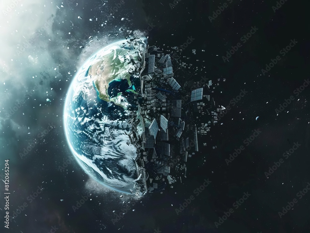 A visual metaphor of a split globe, one side portraying a cybernetic interface and the other a detailed satellite image of Earths surface A visual metaphor of a split globe, one side portraying a cybernetic interface and the other a detailed satellite image of Earths surface