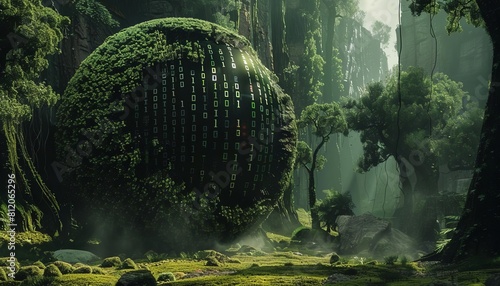 A hybrid world concept, featuring a sphere where one hemisphere is a digital binary code mesh and the other is a lush, realistic Earth landscape