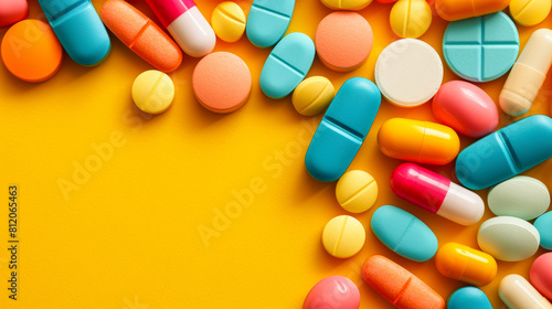 Top view: Array of colorful pills on a yellow surface, depicting diverse medications photo