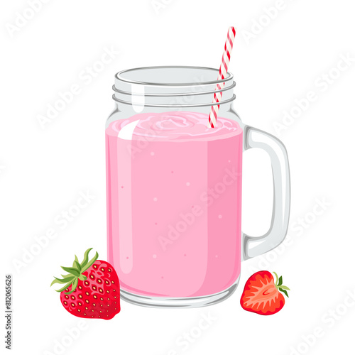 Strawberry smoothie in mason jar glass with straw isolated on white background. Pink milkshake. Vector cartoon illustration.