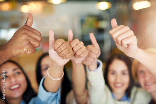 People, cooperation or thumbs up with support, agreement or icon with celebration, thank you and sign. Group, employees or diversity with staff, collaboration or like with symbol, emoji or coworkers
