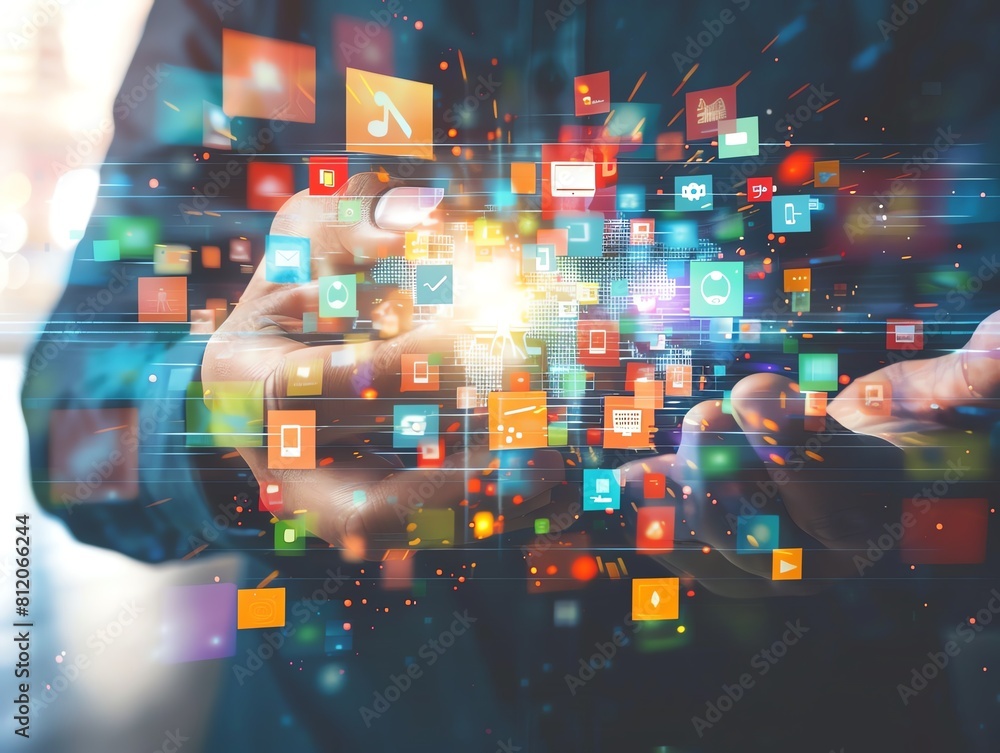 A man holds the world of social media in his hands. A man holds the world of social media in his hands.