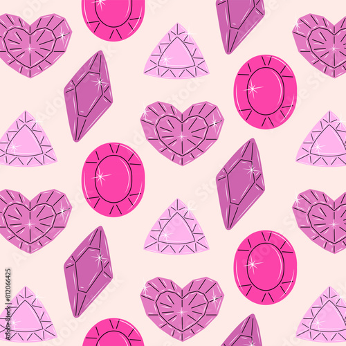 Seamless pattern of pink jewels. Gemstones in hand drawn style. Crystals and amulets. Symbols collection of diamonds, brilliants, quartz, minerals, crystals and gems. Vector doodle illustration.