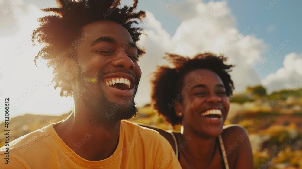 A joyful young couple is out in the open having a blast and beaming with smiles A joyful young couple is out in the open having a blast and beaming with smiles