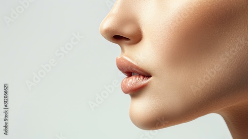 Close-up of a beautiful young woman's face. The focus is on her lips, which are slightly parted and have a natural pink color. photo