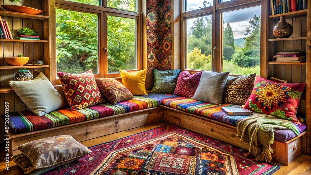 A cozy living room with a colorful rug and a variety of pillows