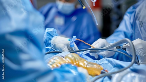 Macro image of a catheterization procedure in a cardiac cath lab.