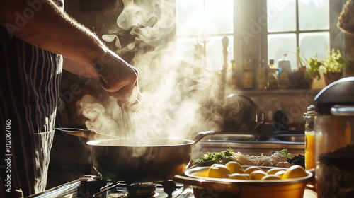 A chef is cooking in a kitchen. He is stirring a pot of boiling water. The steam from the pot is rising up into the air. The chef is wearing an apron. photo