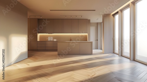 Contemporary kitchen corner with sleek wooden cabinetry and a modern aesthetic in a luxurious home. 3D Illustration