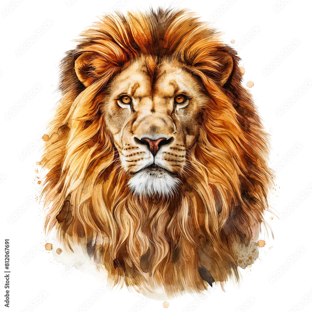 Naklejka premium Lion head hand drawn in watercolor isolated on transparent background.