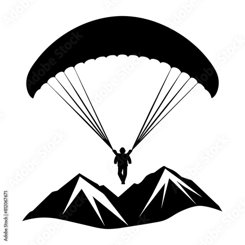 A  sky parachute gliding scene mountainous landscape vector silhouette on white background 