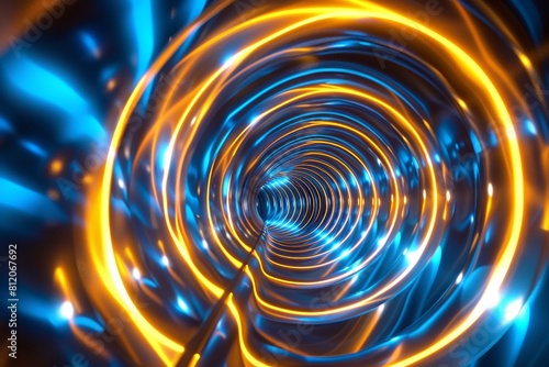 A spiral tunnel with blue and orange lights