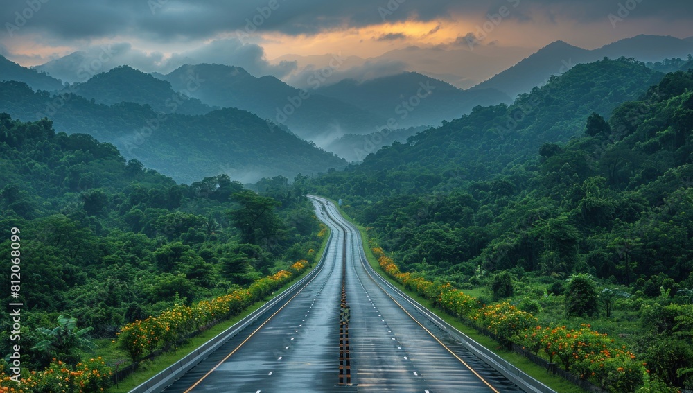 Fototapeta premium Highlight the harmony between nature and infrastructure in a scenic highway overpass, capturing the graceful lines against a backdrop of lush greenery.