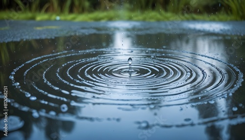 Droplets splashing into a calm pond  forming concentric circles with a blurred  rainy  natural environment