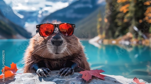 Joyful Canadian beaver with maple leaf glasses at a mountain lake photo