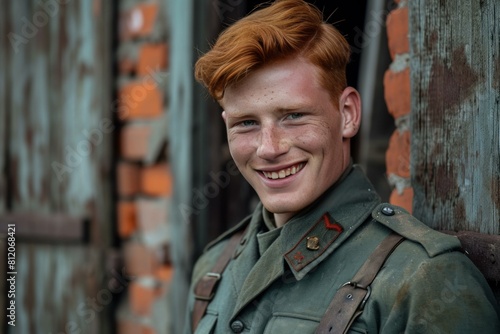 A cheerful young man with fiery red hair in military attire leaning against a rustic backdrop © anatolir