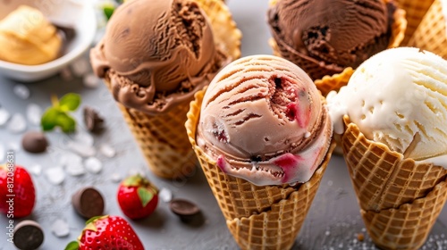 Different flavor ice cream scoops in waffle cones  chocolate  vanilla and strawberry