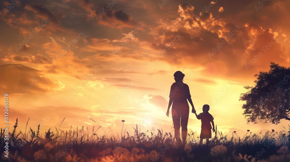 Radiant Mother-Son Silhouette Holding Hands: Honor Motherhood with this Touching Illustration
