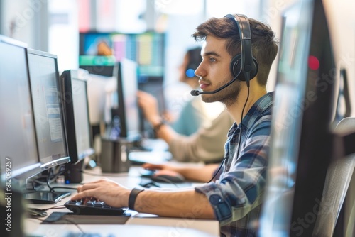 A man wearing a headset is working on a computer