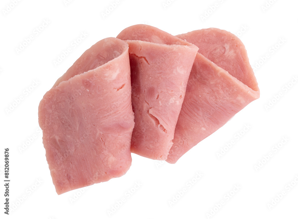 folded slices of boiled ham sausage isolated, pieces of sliced pork ham laid out to create layout folded slices of boiled ham sausage isolated, pieces of sliced pork ham laid out to create layout