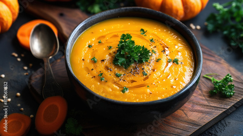 pumpkin and carrot Soup in bowl photo
