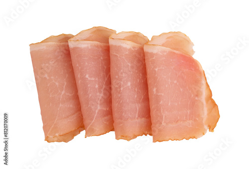 sliced meat pieces, bacon, cold boiled pork, balyk isolated, folded snack meat laid out to create layout