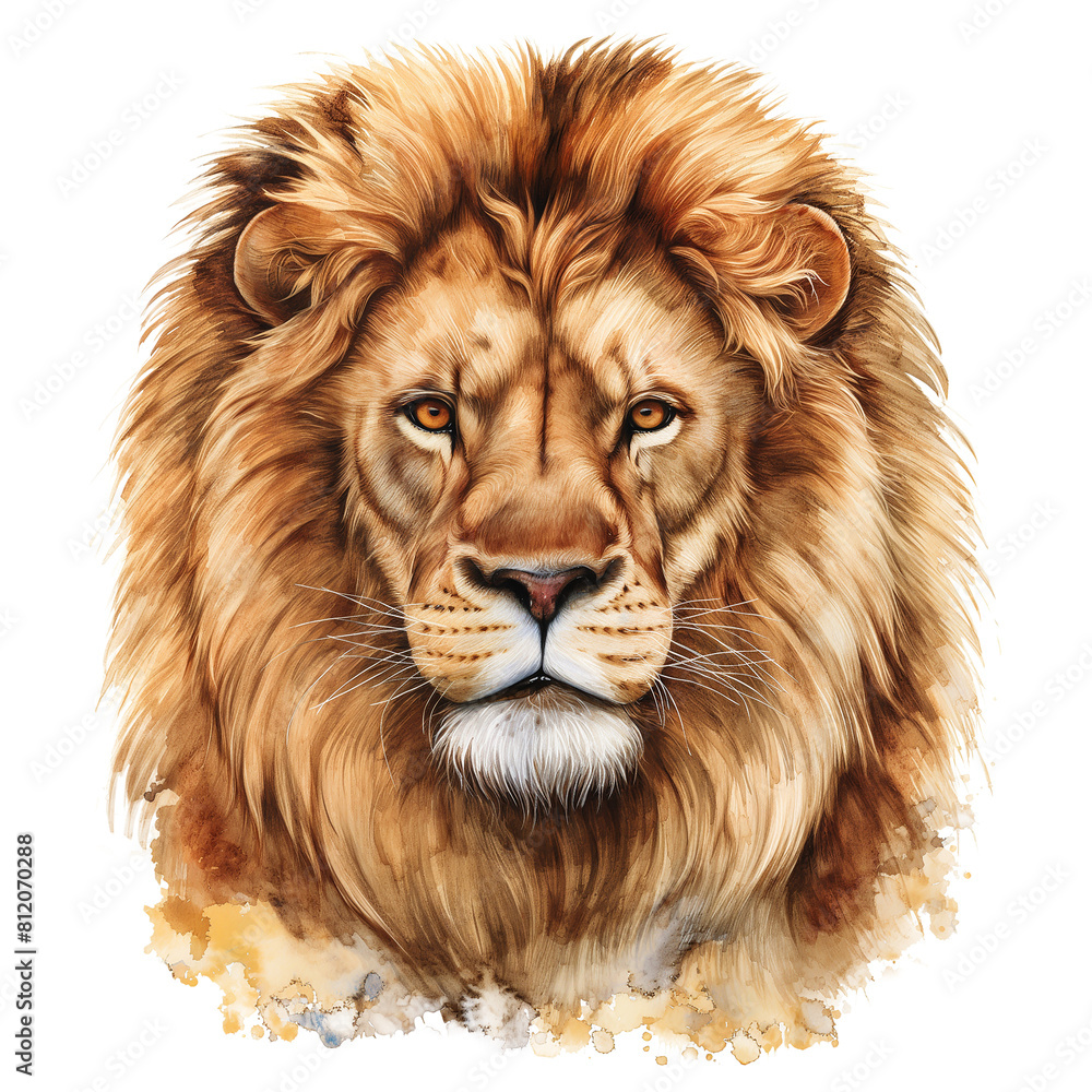 Lion head hand drawn in watercolor isolated on transparent background. Lion head hand drawn in watercolor isolated on transparent background.