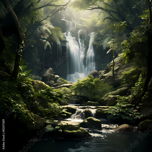 A serene waterfall in a lush forest. 
