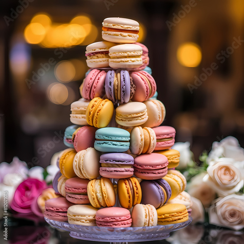 A stack of colorful macarons on a dessert table.