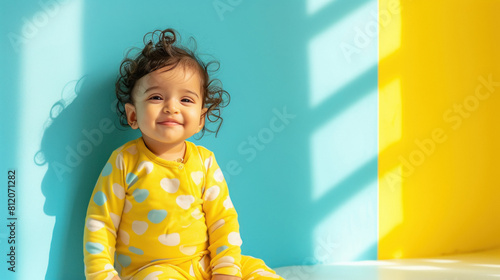 happy Indian toddles standing sitting on a white and blue background. photo