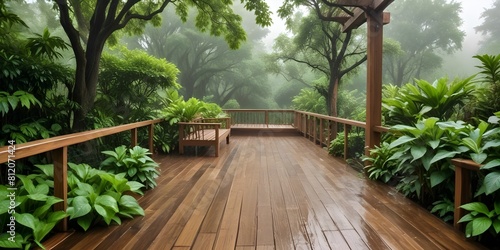 A rainy day in a lush, green garden with a wooden deck in the foreground © nissrine